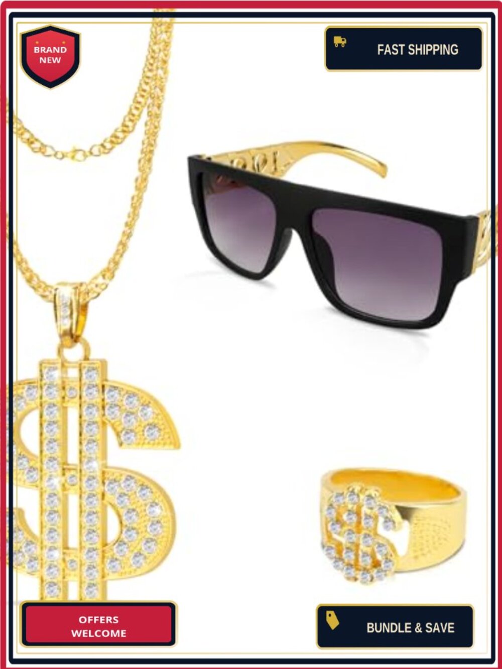 3 Pack Hip Hop Costume Kit Gold Plated Money Necklace Ring Sunglasses Set